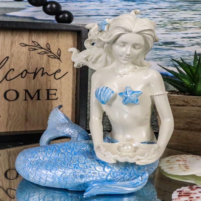Nautical Ocean Goddess Pretty Mermaid With Blue Tail Holding Pearl Shell Statue