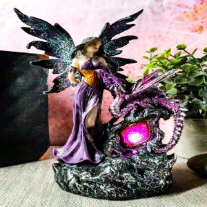 Purple Fairy With Dragon Sitting On LED Crystal Geode Night Light Statue Decor