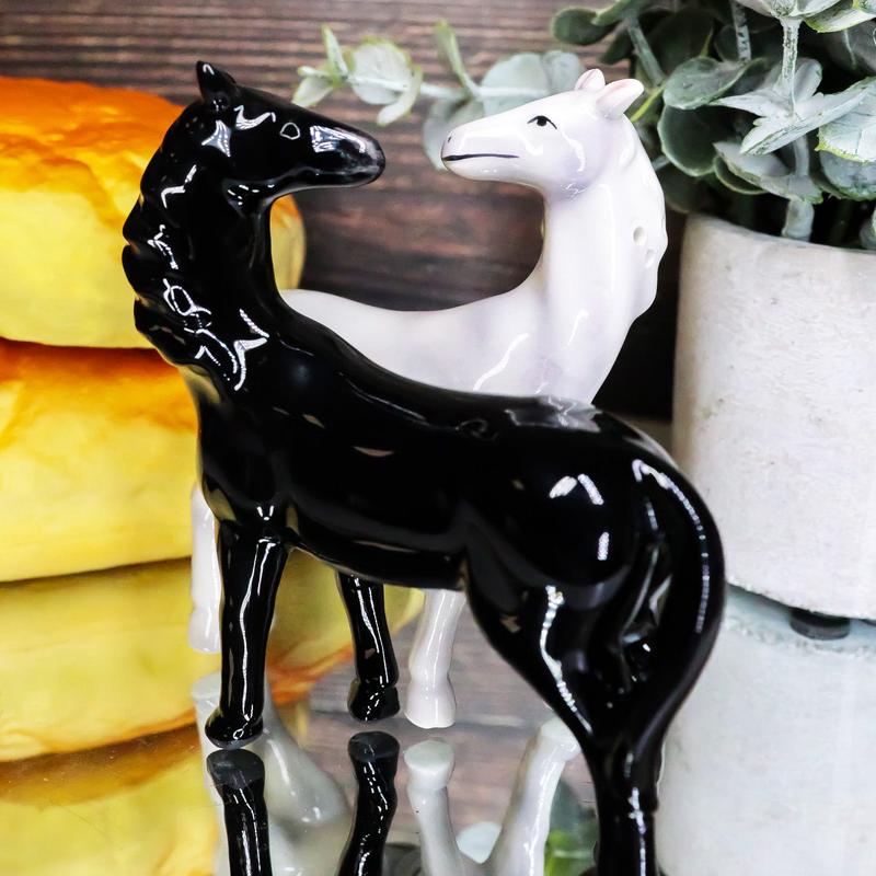 Romantic Black & White Horses Ceramic Magnetic Salt Pepper Shakers Set Figurine