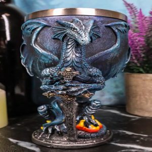 Blue Divine Fire Winged Dragon With Excalibur Sword Wine Goblet Chalice Cup 7oz