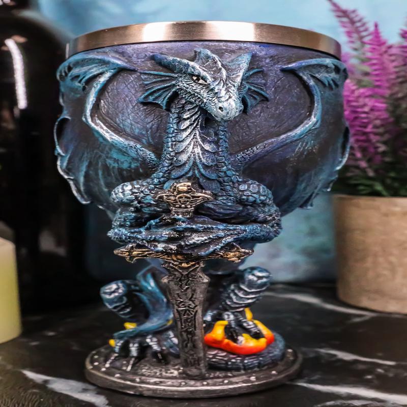 Blue Divine Fire Winged Dragon With Excalibur Sword Wine Goblet Chalice Cup 7oz