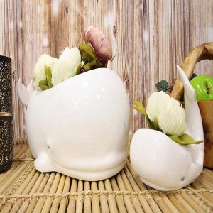 Ceramic White Nautical Sea Marine Sperm Whale Planter Pot Figurines Set Of 2