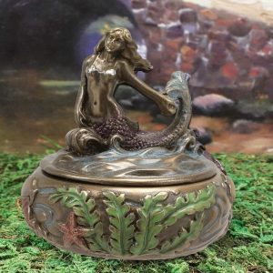 Ebros Bronzed Resin Mermaid Sitting Above Ocean Waves Small Round Trinket Box