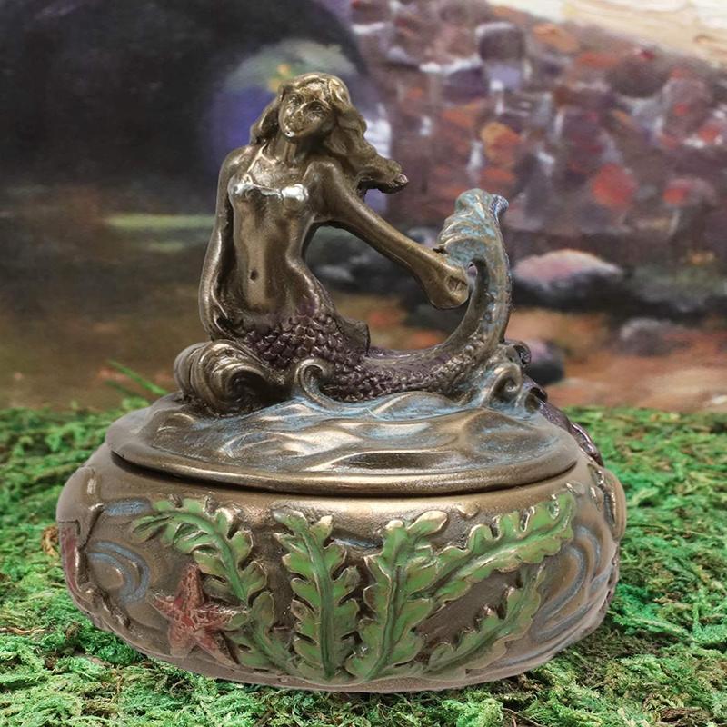 Ebros Bronzed Resin Mermaid Sitting Above Ocean Waves Small Round Trinket Box