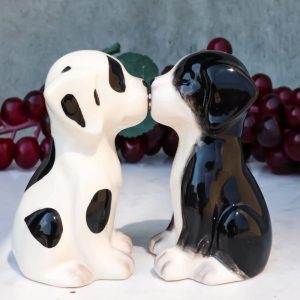 Ebros Ceramic Black & White Mutt Puppy Dogs Kissing Salt And Pepper Shakers Set