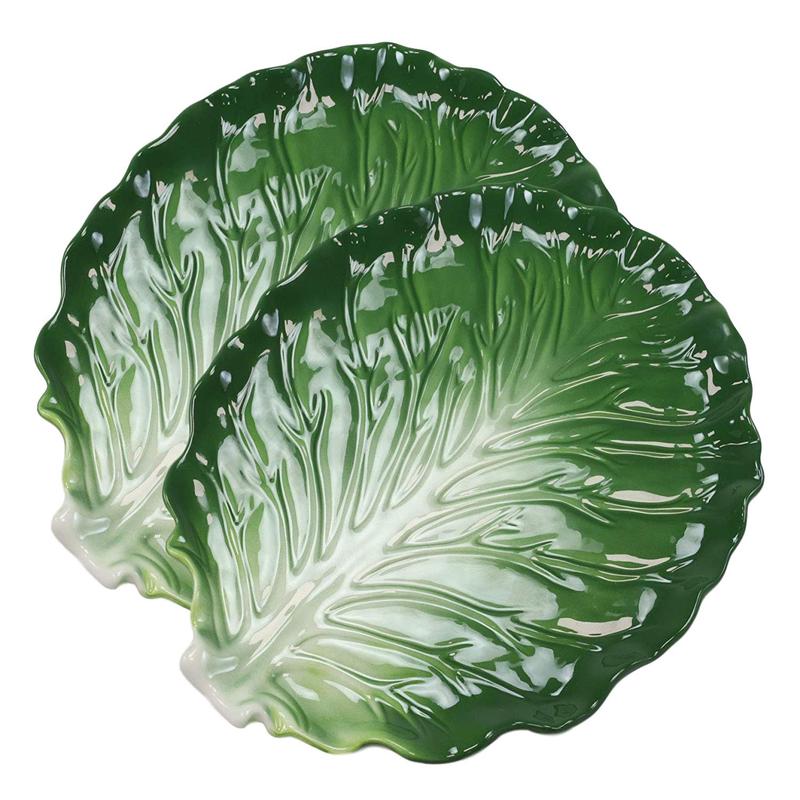 Ebros Ceramic Iceberg Lettuce Leaf Serving Platter Dinner Plate Vegetable Accent Dish 10.75"Wide For Salads Veggies Fruits Entrees Kitchen Dining Essentials Accessory (2)