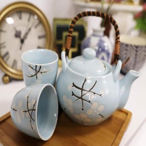 Ebros Cherry Blossom Sakura Pastel Sky Blue Ceramic Tea Pot and Cups Set For 2