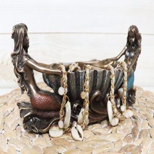 Ebros Coastal Decor Two Mermaids Soap Dish Figurine 9.75"Long Twin Mermaids With Oyster Shell Jewelry Dish