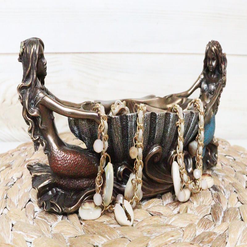 Ebros Coastal Decor Two Mermaids Soap Dish Figurine 9.75"Long Twin Mermaids With Oyster Shell Jewelry Dish