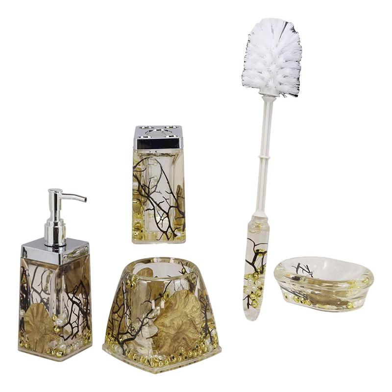 Ebros Coastal Pearls Shells Liquid 3D Floating Motion Bathroom Gift Set 5 Pc Toothbrush Toothpaste Holder Soap Dish Toilet Brush & Base and Hand Sanitizer Dispenser (Ocean Blue)