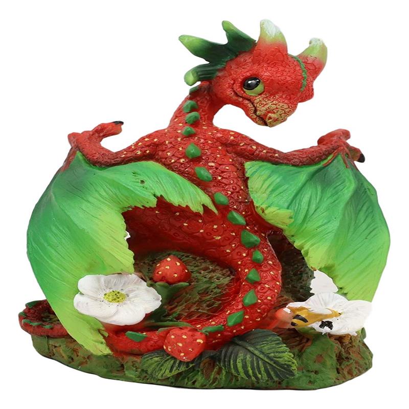 Ebros Colorful Garden Fruits and Berries Strawberry Blossom Green Thumb Dragon Statue