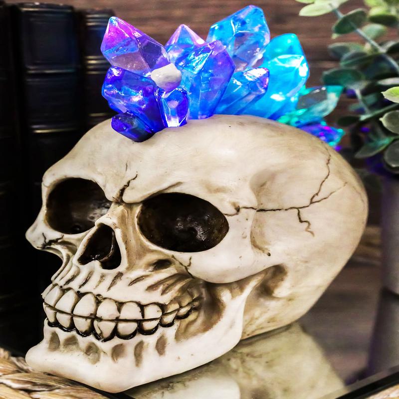 Ebros Colorful LED Light Mohawk Crystal Hair Cranium Skull Figurine 7" Long