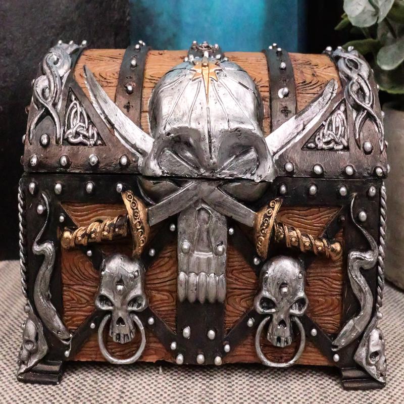 Ebros Pirate Skull With Crossed Dagger Blades Treasure Chest Box Jewelry Box 5"L