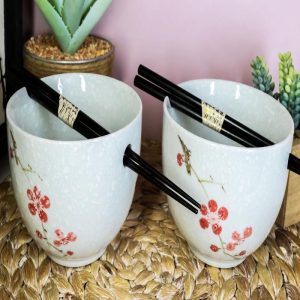 Ceramic Japanese Sakura Pink Cherry Blossoms Ramen Noodle Bowls Chopsticks Set 2