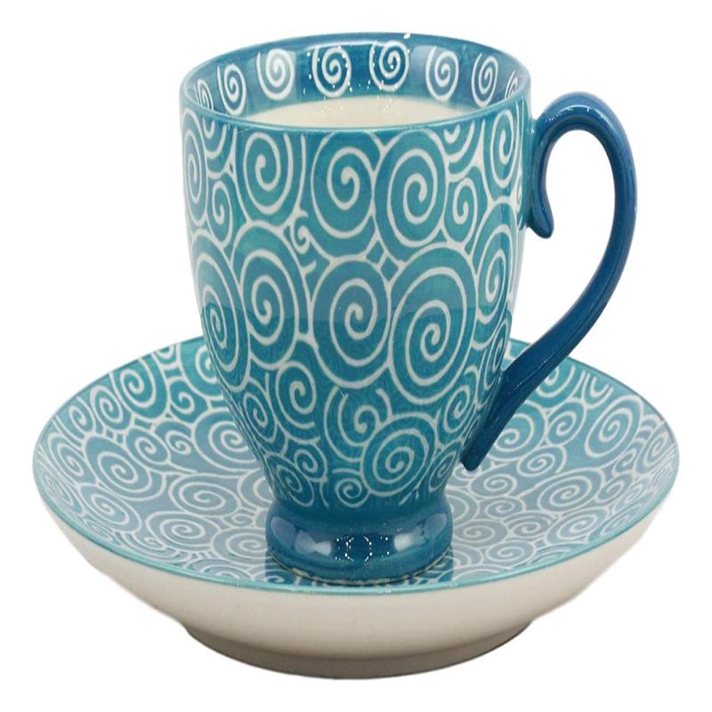 Ebros Aqua Blue Swirls Contemporary Designer Ceramic Dinnerware Bowl Mug Plate Set