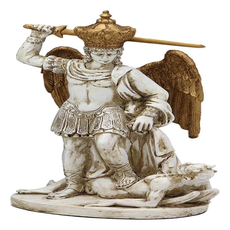 Ebros Catholic Sanctuary of Monte Sant'Angelo sul Gargano Crowned Saint Michael The Archangel Trampling Lucifer Satan Statue Gothic Architecture Decorative Home Religious Altar Figurine