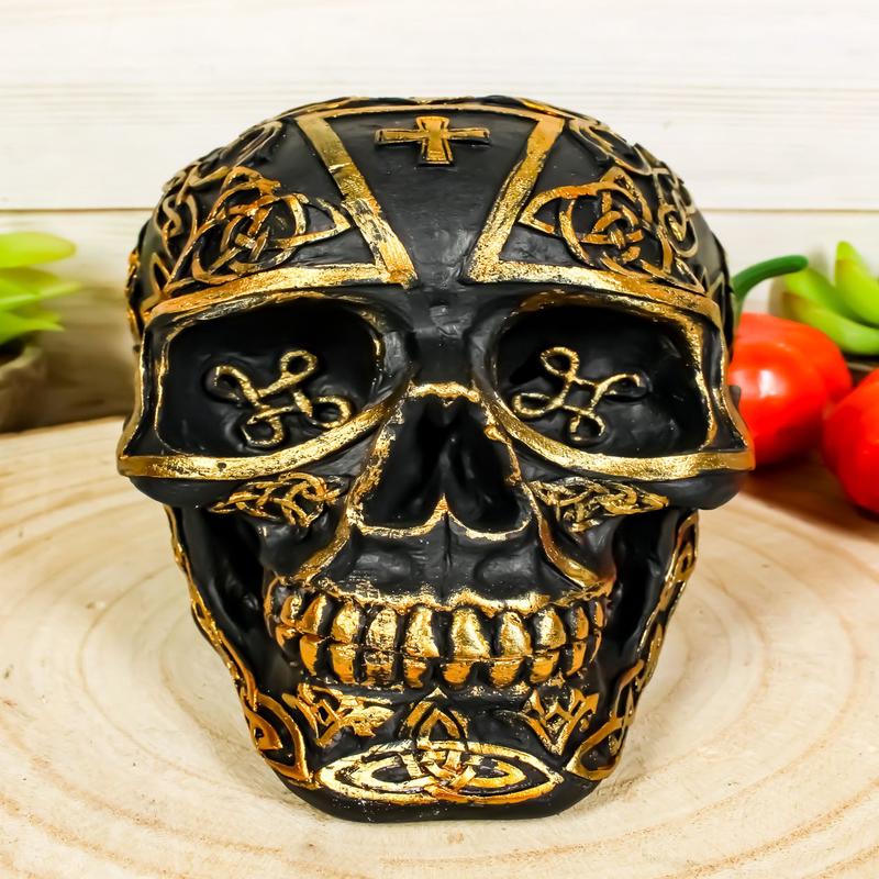 Ebros Celtic Trinity Knotwork Crusader Templar Knights Cross Black Gold Skull Statue