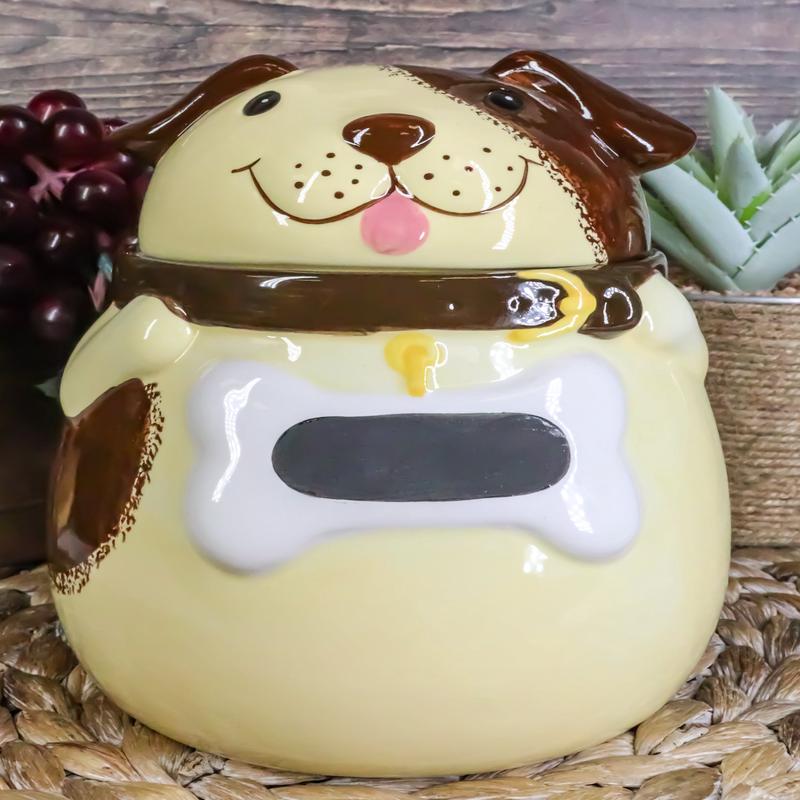 Ebros Ceramic Adorable Fat Puppy Dog With Brown Eye Patch And Bone Collar Cookie Jar