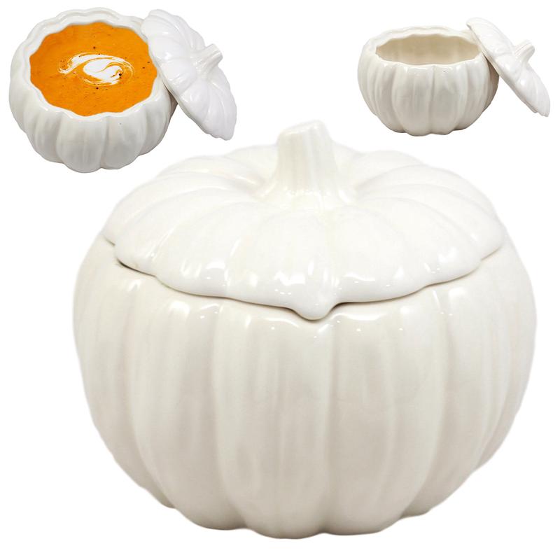 Ebros Ceramic Stoneware White Harvest Pumpkin Bowl With Lid 6"Diameter X 1 PC