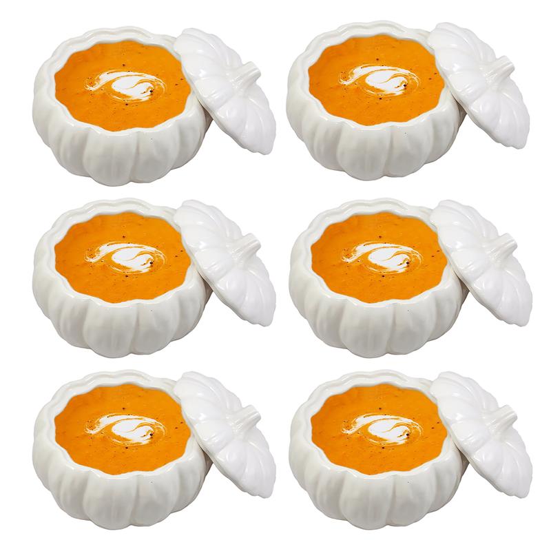 Ebros Ceramic Stoneware White Harvest Pumpkin Bowl With Lid 6"Diameter X6 Pieces