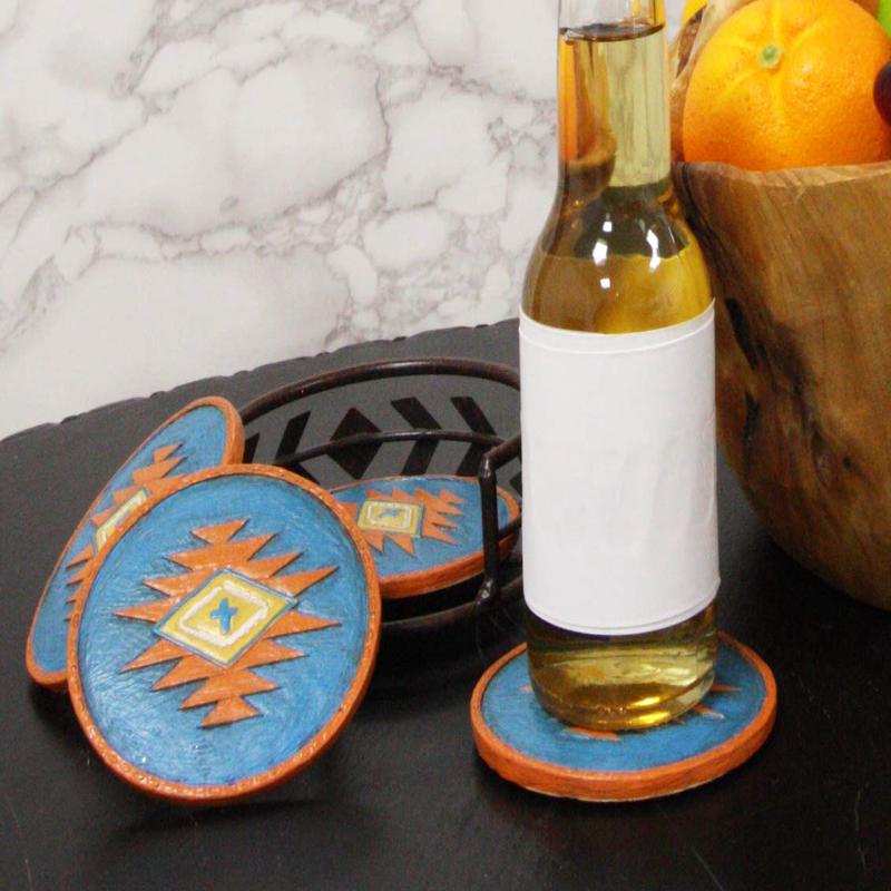 Ebros Colorful Western Native American Cross Design Holder W/ 4 Round Coasters