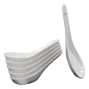 Ebros Contemporary Glossy White Porcelain Ceramic Soup Spoons With Hole Pack Of 6 Set 1 oz Capacity