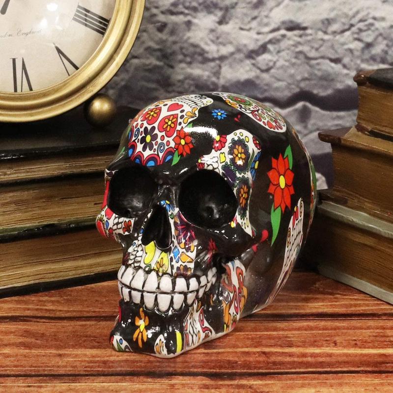 Ebros Day Of The Dead Black Sugar Skull With Floral Tattoo Cranium Skull Statue
