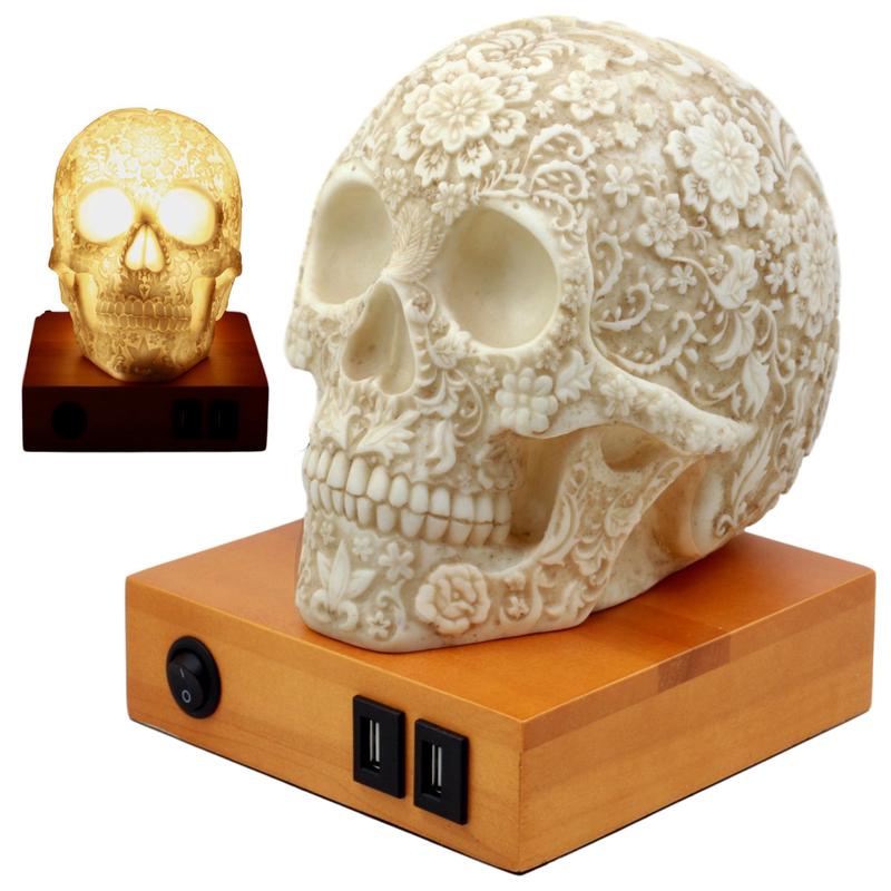 Ebros Day of The Dead Floral Skull Side Table LED Night Light Statue With Two USB Charging Dock On Wood Base