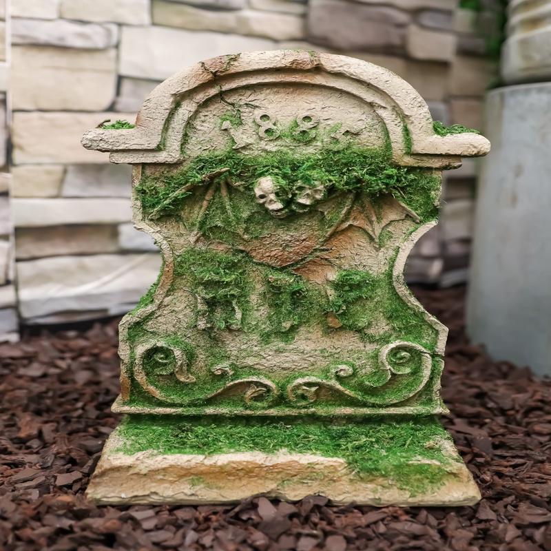 Ebros Day of The Dead Winged Bat W/ Siamese Skull Heads Tombstone Statue 12.25"H