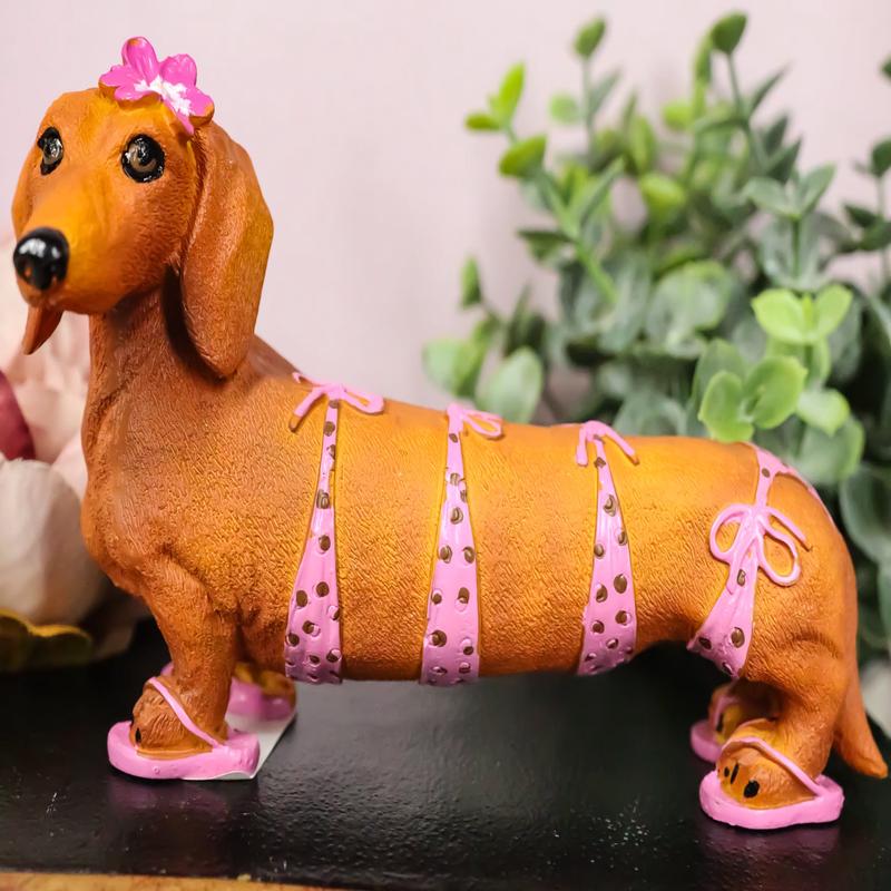 Ebros Doxie Collection Pink Polkadot Bikini Beach Bod Sexy Dachshund Figurine 6"Long As Whimsical Wiener Dog Decor Collectible