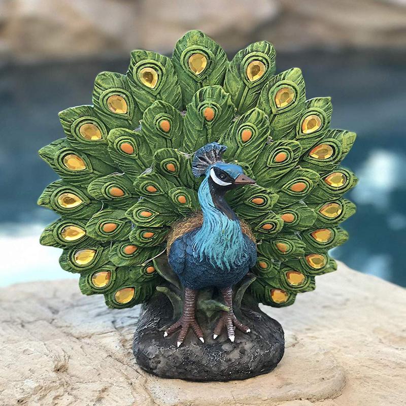 Ebros Iridescent Peacock With Gold Gemstone Train Feathers Solar LED Light Statue 11"H