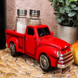 Ebros Old Fashioned Red Pickup Truck Holder For Glass Salt And Pepper Shakers