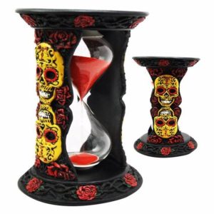 Ebros Tribal Tattoo Yellow Sugar Skulls With Red Roses Black Sand Timer 6"H