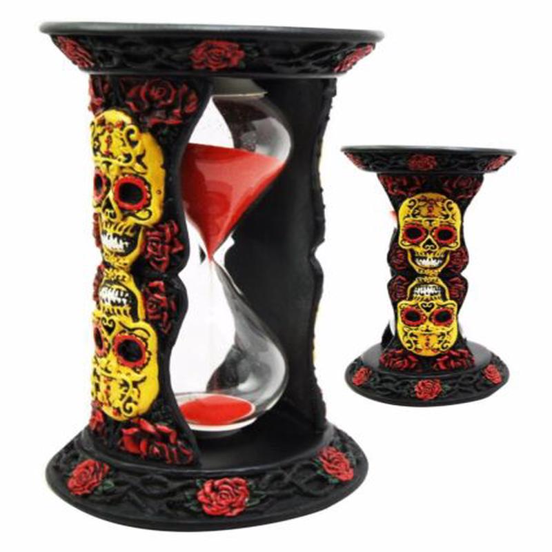 Ebros Tribal Tattoo Yellow Sugar Skulls With Red Roses Black Sand Timer 6"H