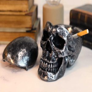 Gothic Silver Black Homosapien Skull Ashtray Statue Haunted Pirate Loot Box