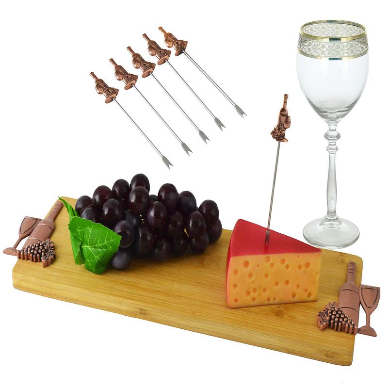 Wine And Grapes Bamboo Cheese Board 16" by 5" & 6 Stainless Steel Picks Gift Set