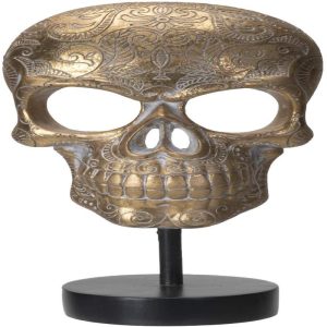 Ebros Day of The Dead Engraved Golden Resin Skull Front with Base and Stand 11"H