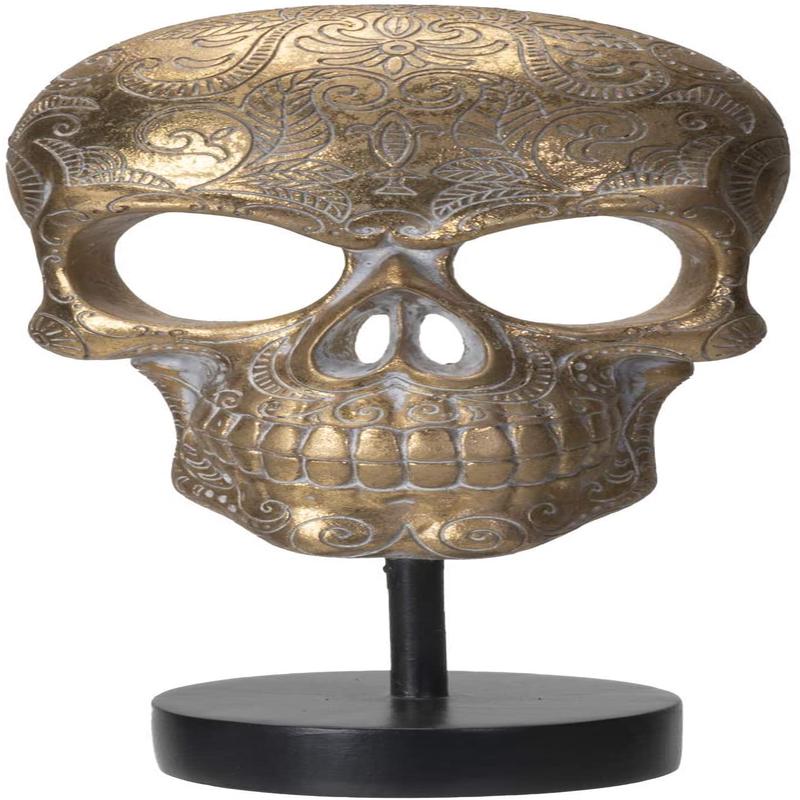 Ebros Day of The Dead Engraved Golden Resin Skull Front with Base and Stand 11"H