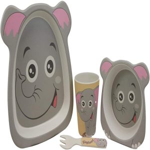 Ebros Elephant 5 Piece Organic Bamboo Dinnerware Set For Kids Children Toddler