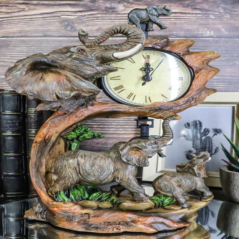 Ebros Elephant Father and Calf Family Table Clock with Pendulum 10.5" Height