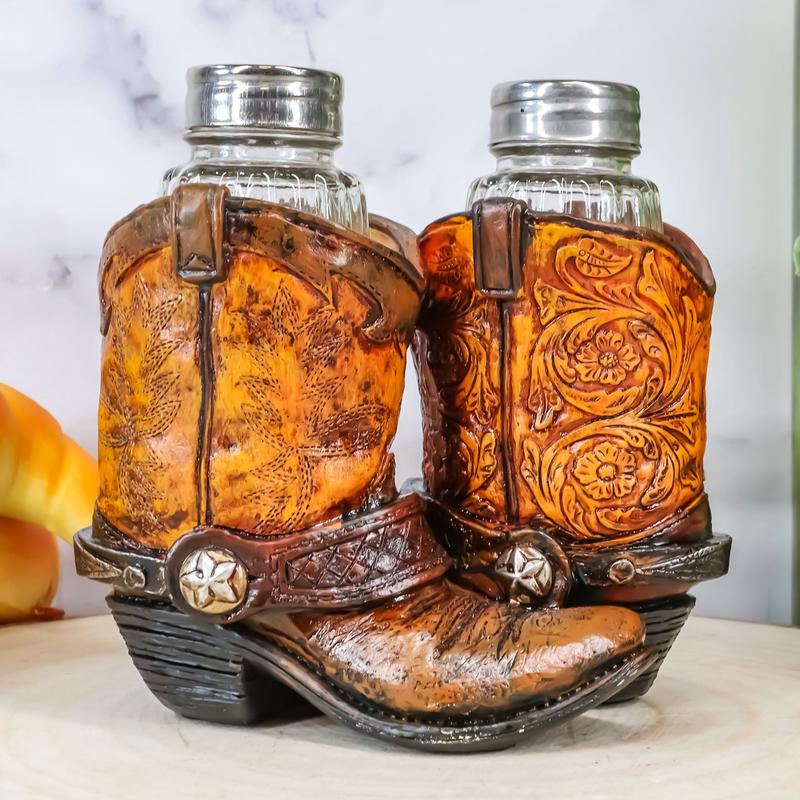 Ebros Fancy Pair Of Cowboy Boots W/ Texas Star Salt & Pepper Shakers Holder Set