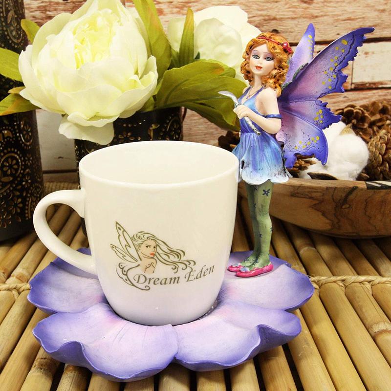 Ebros Fantasy Pixie Beverage Teacup Fairy Standing On Flower Saucer Display Stand Holder Statue with Dream Eden Coffee Mug Set for Whimsical Tea Party Decor Accent of Fairies Nymphs Pixies (Purple)