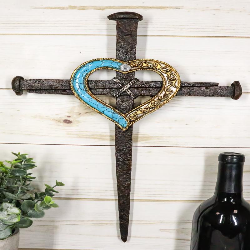 Ebros Faux Bronze Rusted Look Crucifix Driven Nails with Gold and Turquoise Heart Center Wall Cross Decor Plaque Vintage Art Hanging Sculpture 16.5" Tall