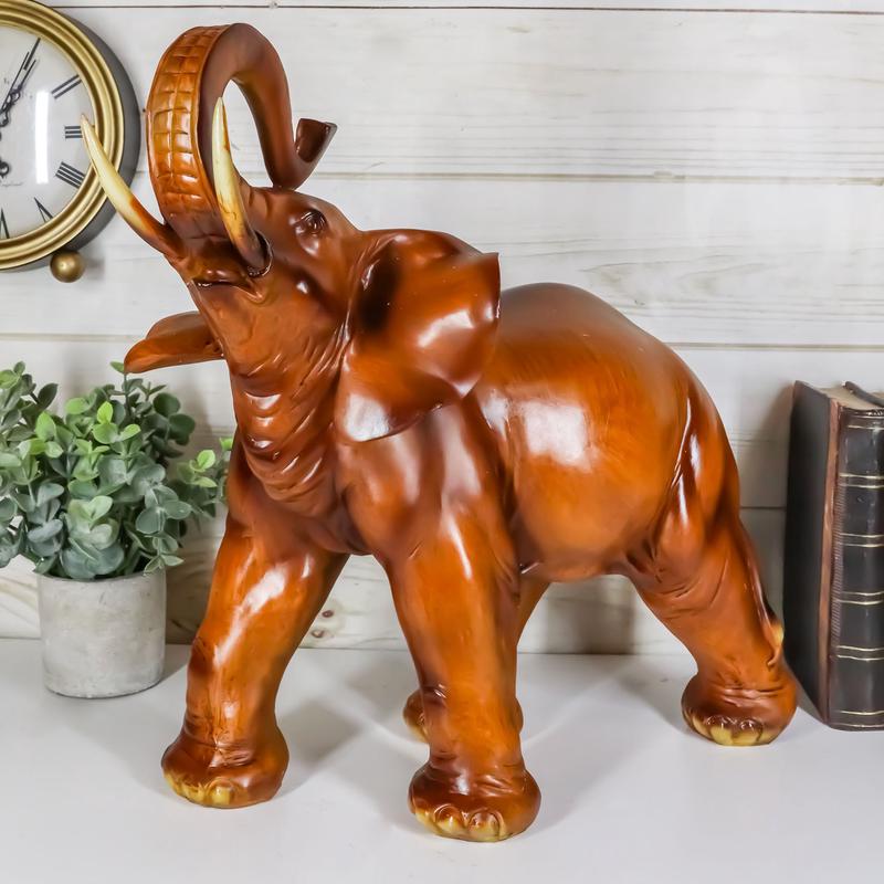 Ebros Faux Mahogany Wood Thai Buddha Elephant With Trunk Up Statue 14.25"Long