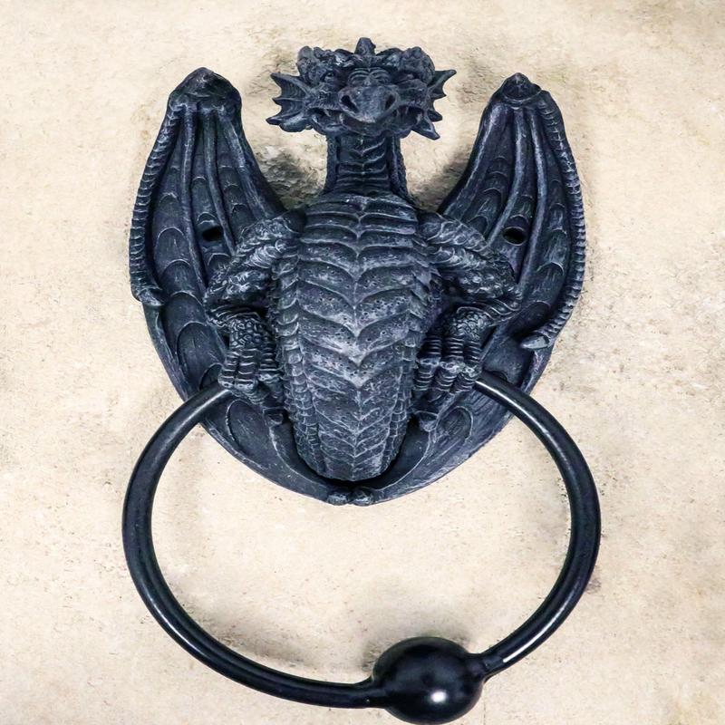 Ebros Faux Stone Fantasy Saurian Dragon Grasping Door Knocker Home Decor 8"H