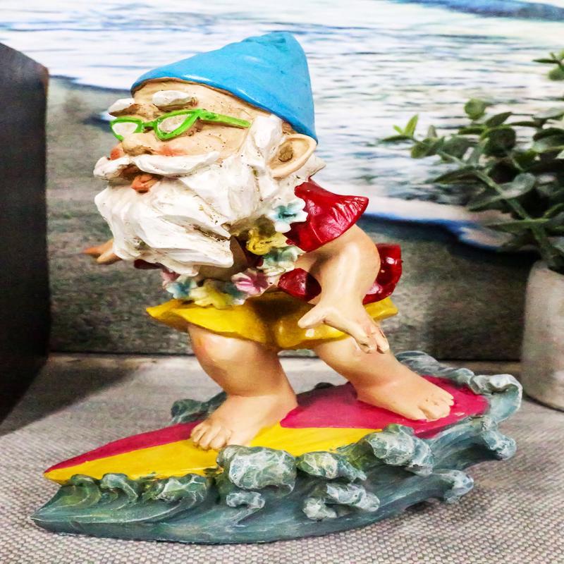 Ebros Free Spirited Hippie Hawaii Themed Vacation Fairy Garden Ocean Surfer Gnome Figurine DIY Mr Gnomes Collection Statue Home Decor