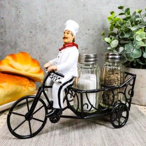 Ebros French Bistro Chef Riding On Bicycle Spice Cart Salt And Pepper Shakers Holder Figurine 6"Tall Iron Chef Spice Delivery