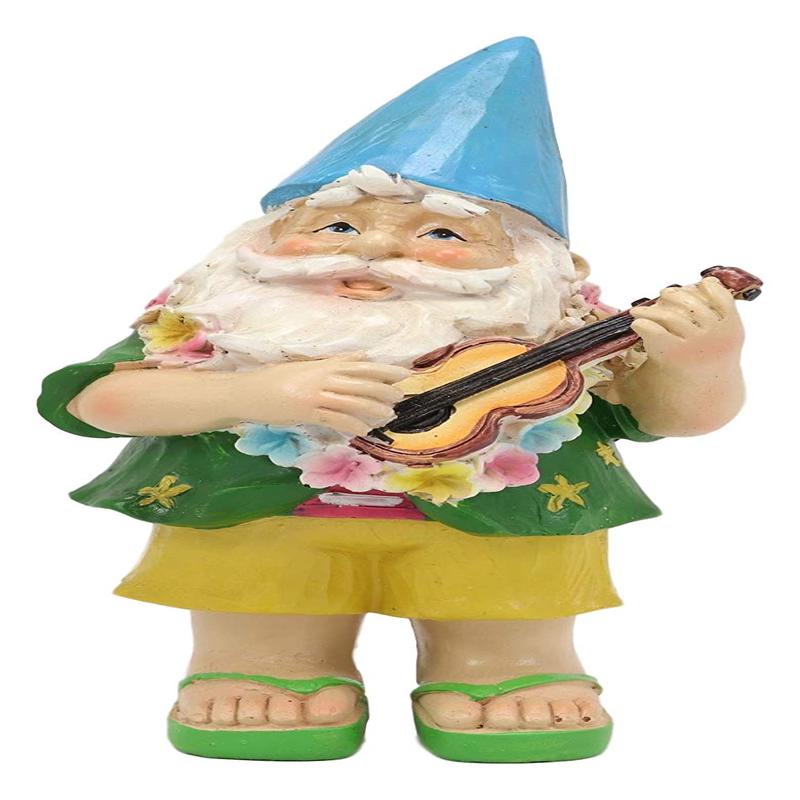 Hawaii Themed Vacation Fairy Garden Papa Gnome Playing Ukulele Statue Gnomes