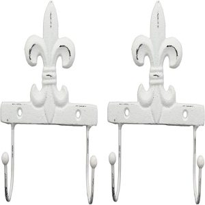 Cast Iron Rustic Distressed White Fleur De Lis 2 Pegs Wall Hooks Decor Set of 2