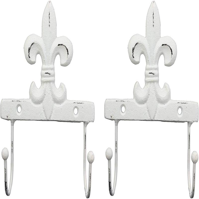 Cast Iron Rustic Distressed White Fleur De Lis 2 Pegs Wall Hooks Decor Set of 2
